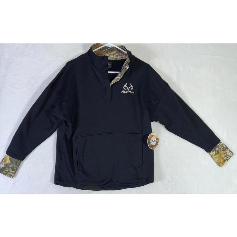 NWT Womens REALTREE EDGE Sweatshirt Pullover Black with Camouflage Cuffs Medium